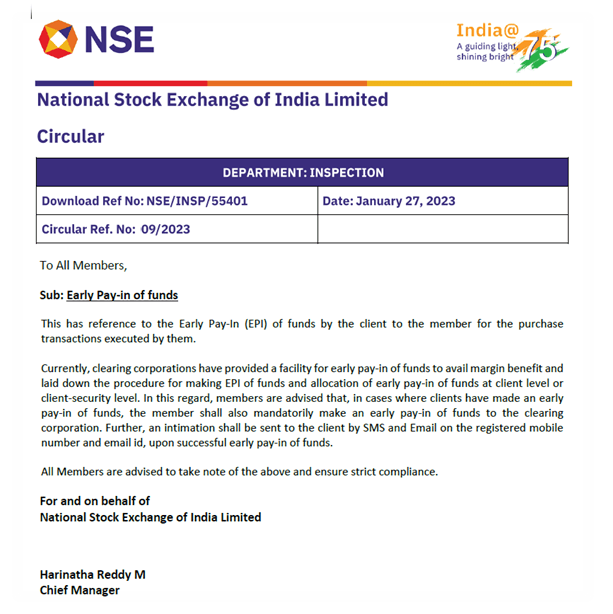 NSE Circular about Early Pay-in of funds